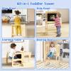 OLAKIDS Toddler Tower, 4 in 1 Foldable Kitchen Stool Learning Standing Tower with Chalkboard Removable Safety Rail, Kids Wooden Collapsible Montessori Step Stool Table and Chair Set view 3