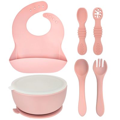 HippoBaby 6 Piece Baby Bowls With Suction and Lids | Toddler Bowl Set with 1 Bowl, 1 Bib, 2 Baby Spoons, 1 Large Spoon, 1 Large Fork, Baby Feeding Essentials (1, Rose Quartz)
