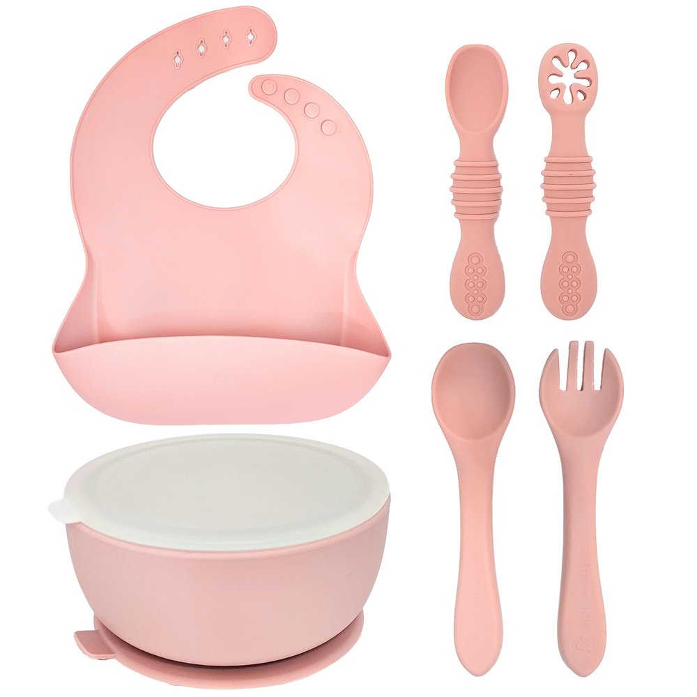 HippoBaby 6 Piece Baby Bowls With Suction and Lids | Toddler Bowl Set with 1 Bowl, 1 Bib, 2 Baby Spoons, 1 Large Spoon, 1 Large Fork, Baby Feeding Essentials (1, Rose Quartz)