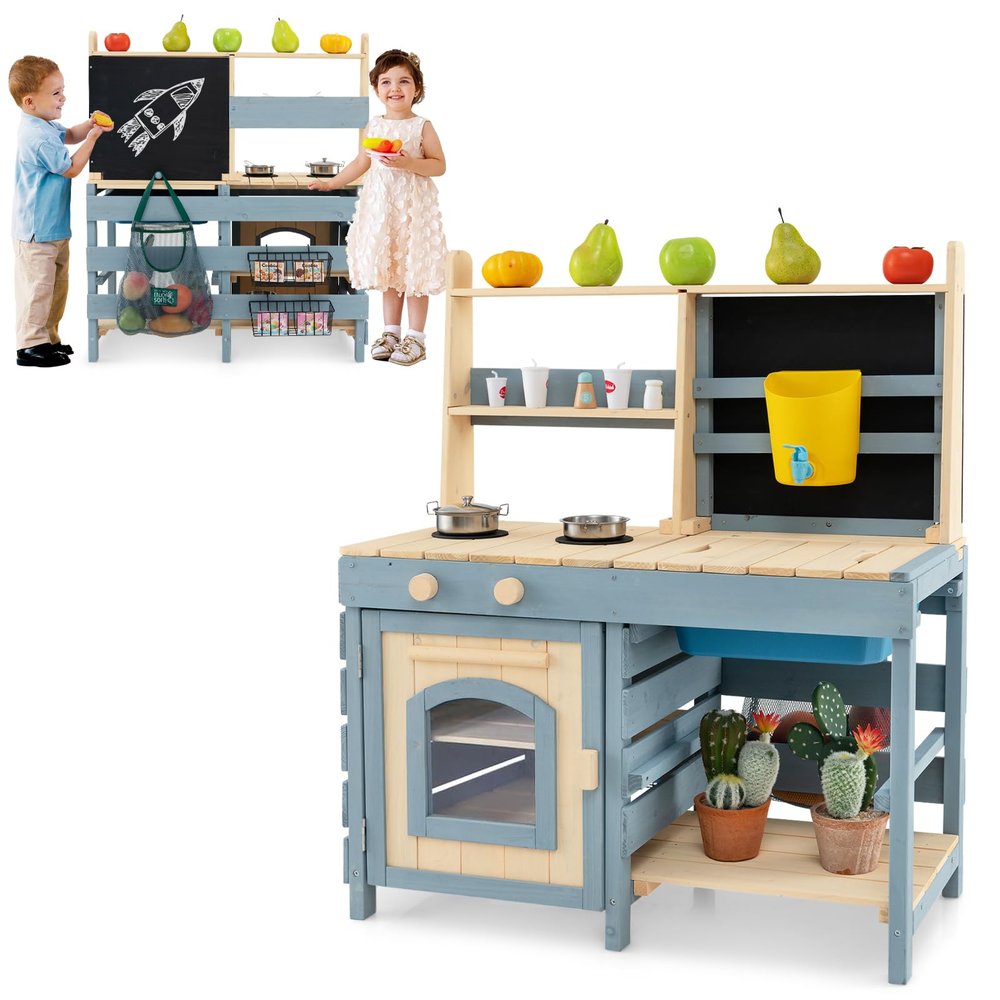 HONEY JOY Mud Kitchen, 2 In 1 Outdoor Play Kitchen for Toddlers & Grocery Store Pretend Play, Water Tank & Sink, Blackboard, Storage Bag & Basket, Double Side Wood Mud Table for Kids (With Blackboard)