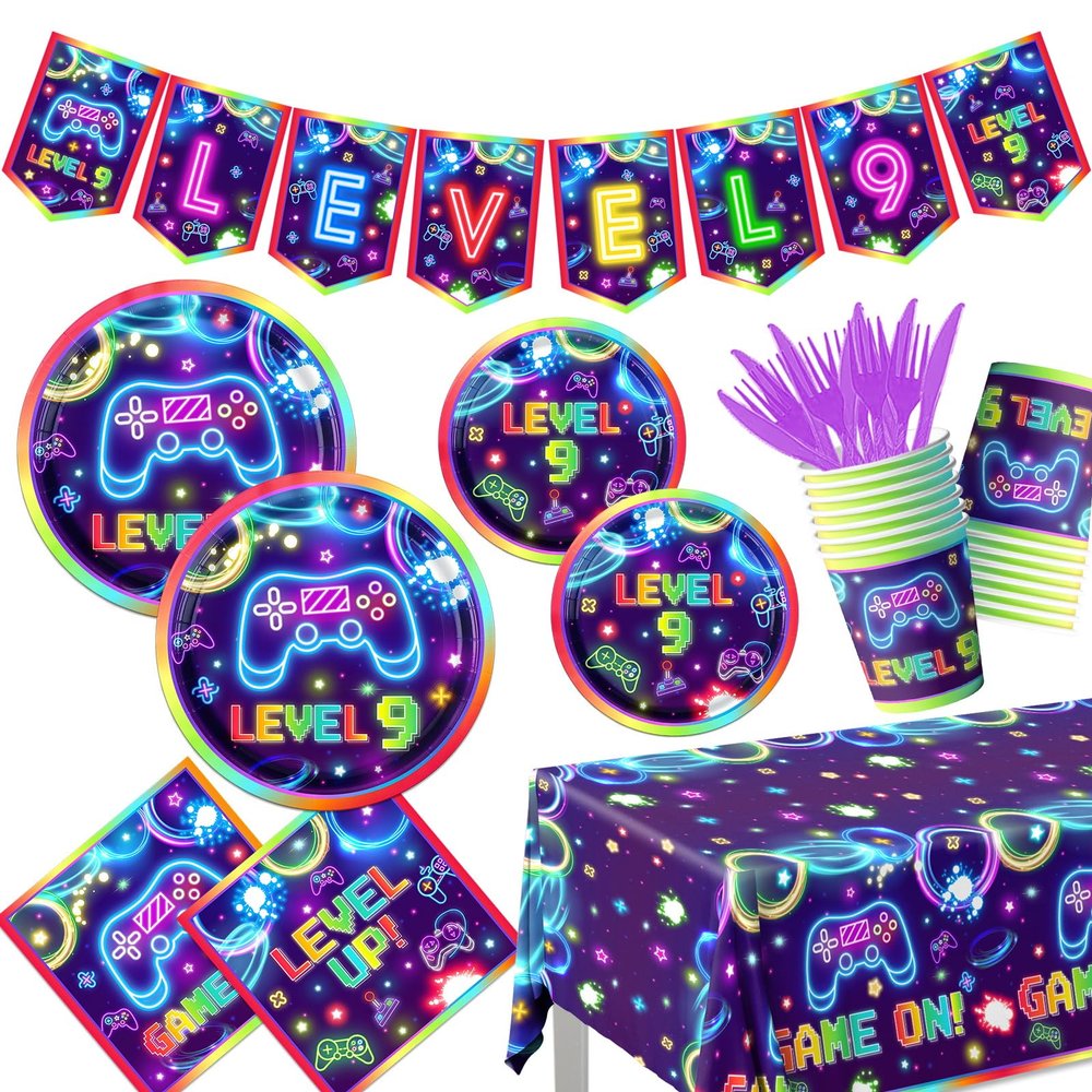 142Pcs 9th Birthday Video Game Party Supplies Video Game Birthday Decorations Neon Level 9 Plates and Napkins Tableware Set for Boys 9th Gamer Gaming Party