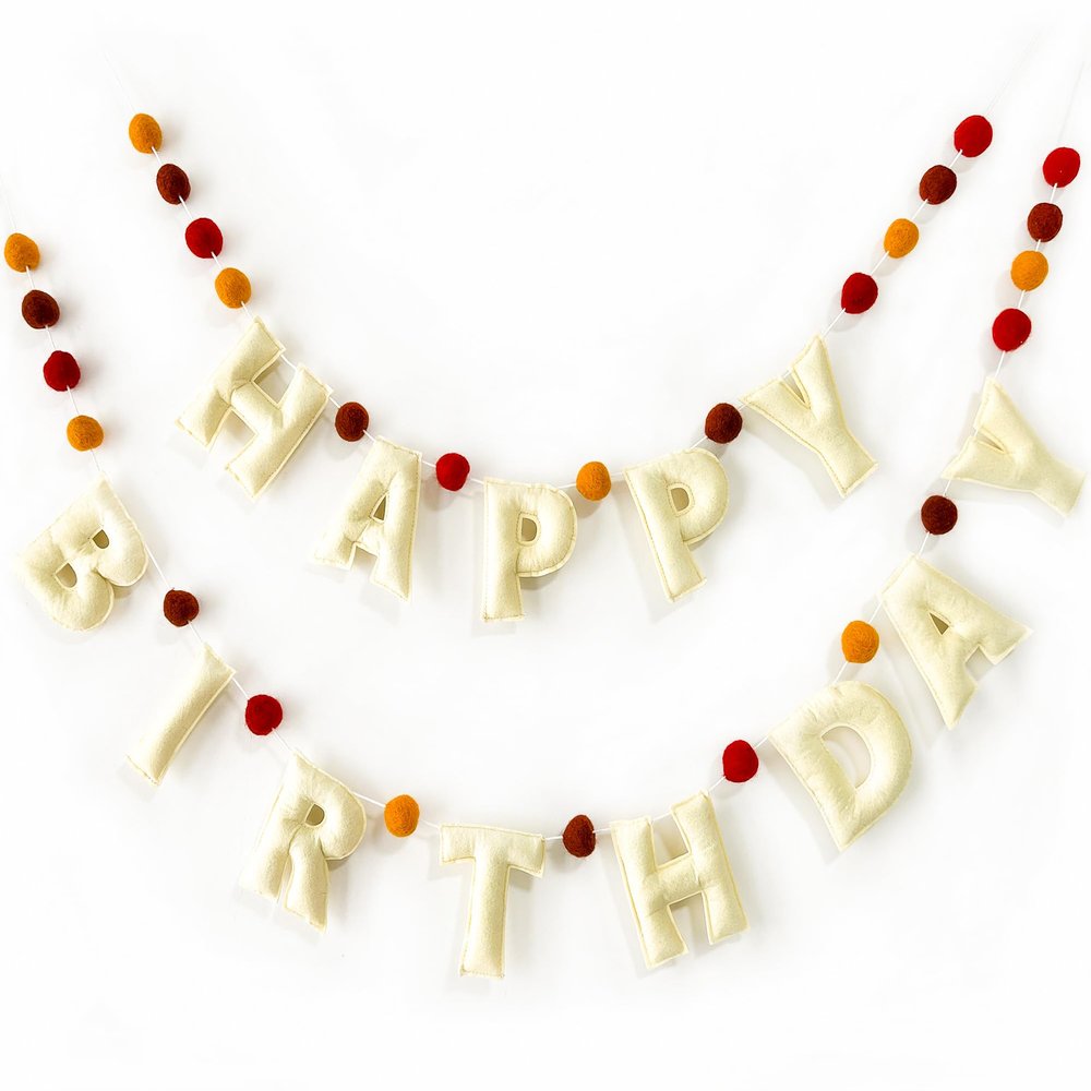 Boho Felt Happy Birthday Banner, Bohemian Birthday Party Decorations,Natural Handmade Wool Letters & Balls, Boho Happy Birthday Garland for kids Birthday Parties Window Door Mantels Decor Ready To Hang