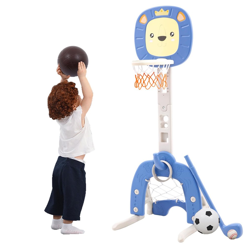 Ark miido 4-in-1 Basketball Hoop for Kids Toddler Sports Activity Center Height Adjustment with Football/Soccer Goal, Golf Game, and Ring Toss Indoor and Outdoor Play Set for Boys and Girls (Blue)