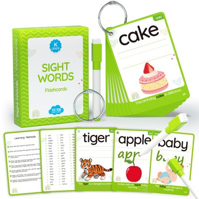 WJPC 55 Cards, 106 PCS High Frequency Sight Words Flash Cards (Kindergarten), Toddler Flash Cards for Kids Ages 4,5,6,7 Years. Learn to Read, Write, Sentence-Making