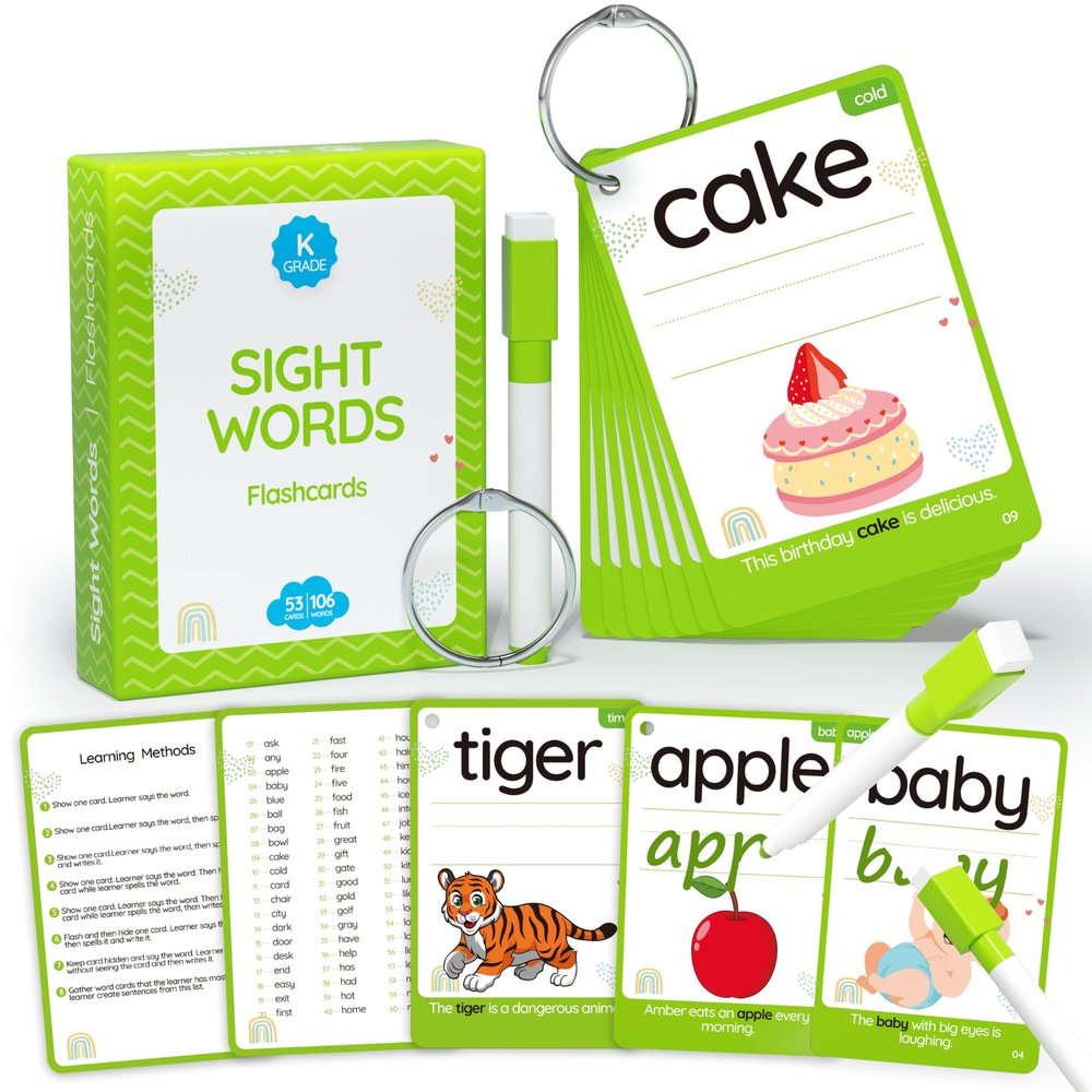 WJPC 55 Cards, 106 PCS High Frequency Sight Words Flash Cards (Kindergarten), Toddler Flash Cards for Kids Ages 4,5,6,7 Years. Learn to Read, Write, Sentence-Making