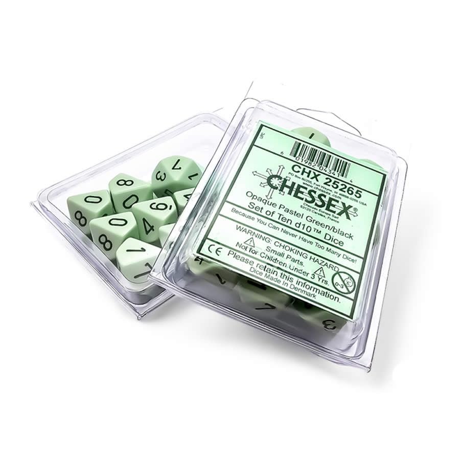Wondertrail Green Pastel Dice with Black Numbers D10 Aprox 16mm (5/8in) Set of 10 Chessex