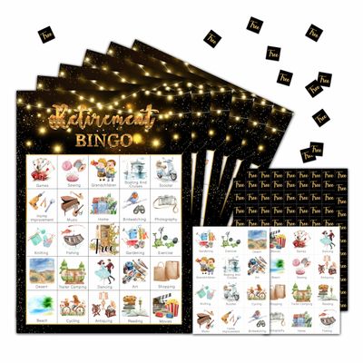 HEZNZXQ Retirement Bingo Party Game Cards, Black and Gold Themed Office Bingo Games, Retirement Party Favors Decorations, 24 Players for Adult Party Supplies -08