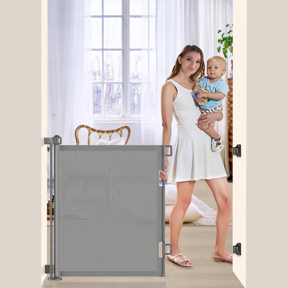55 inch Retractable Baby Gates, EZIGO Extra Wide Baby Gate for Large Opening Extra Long Mesh Gate for Kids or Pet Dog Gate Child Safety Gate for Stairs Hallways Doorway Indoor Outdoor, Gray