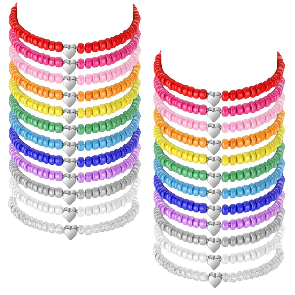 Sureio 24 Pcs Friendship Bracelets for Kids Girls Stretch, Rainbow Heart