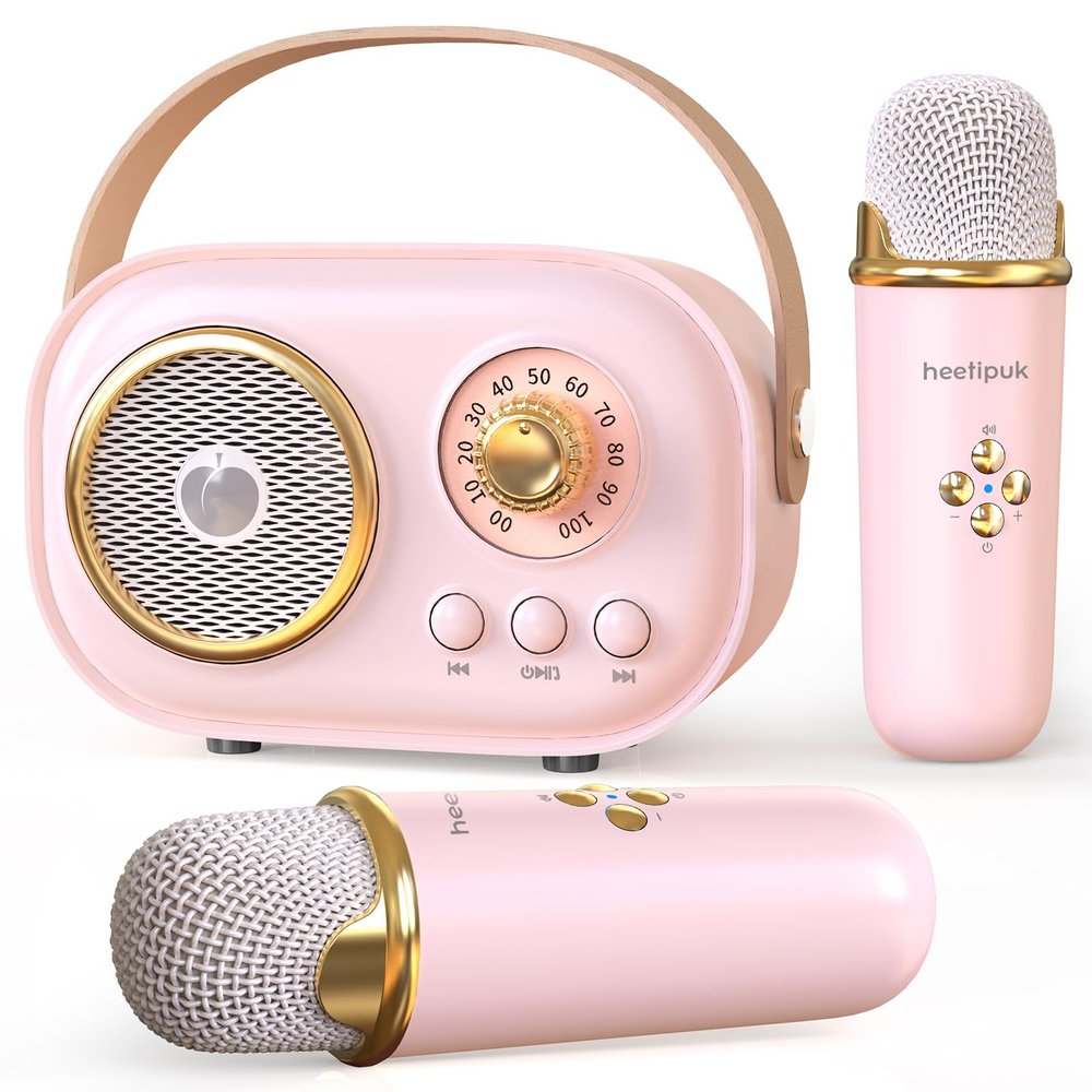 Mini Karaoke Machine,White Elephant Gifts,Stocking Stuffers for Teen, Christmas Gifts for 3-12+ Years Old, Portable Bluetooth Speaker with Wireless Microphone Kids Boys Girls-Pink