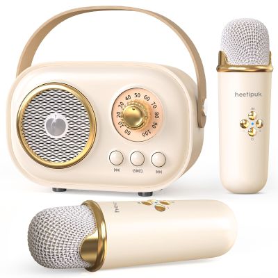 Mini Karaoke Machine,White Elephant Gifts,Stocking Stuffers for Teen,Christmas Gifts for 3-12+ Years Old, Portable Bluetooth Speaker with Wireless Microphone for Kids Boys Girls-Beige