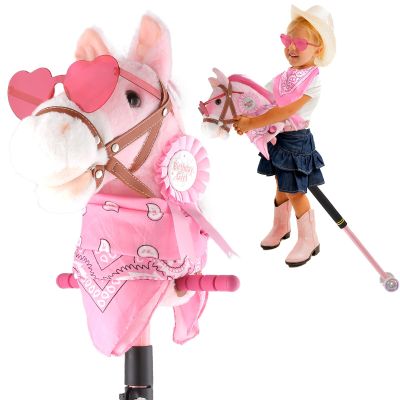 Frebuta Hobby Horse on a Stick,30 to 50In Stick Horse for Kids 3-12 Years Plush Handcrafted Party Cowgirl Music Pink Pony Horse Toy with Illuminated Wheel Stainless Steels Soft Sponge Handle (Pink)