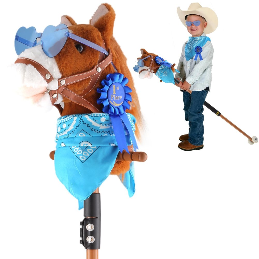 Frebuta Hobby Horse on a Stick,30 to 50In Stick Horse for Kids 3 to12 Years Plush Handcrafted Party Cowboy Music Blue Pony Horse Toy with Illuminated Wheel Stainless Steels Soft Sponge Handle (Brown)