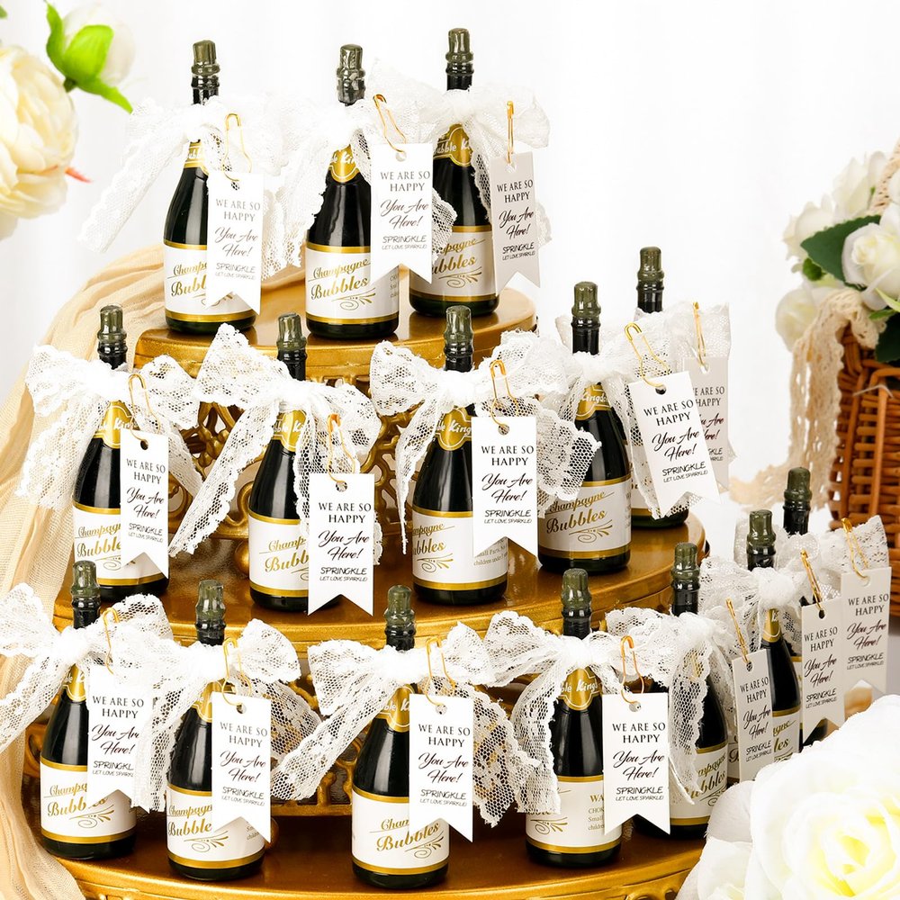 Sunnychicc 50 Pcs Mini Champagne Bubbles Wedding Favor Bulk Small Champagne Bottle Shaped Bubbles with Ribbons Gold Pins and Cards for Wedding Send Off Bridal Shower Celebration