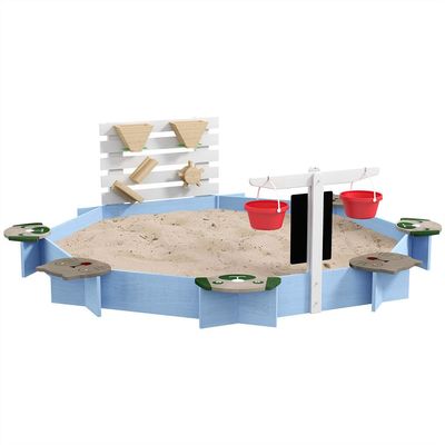 HOYOC Wooden Sandbox, Large Outdoor Sand Box with 6 Animal Patterned Seats, Buckets & Blackboards, Sand Pit for Backyard Play, Fir Wood, Blue, Animals, 85" x 85" x 24.75"