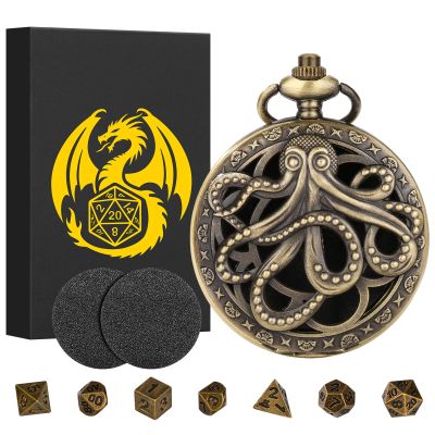 Mini DND Dice Set Steampunk Hollow Octopus Pocket Watch Shell Case, 7pcs Polyhedral Metal D&D Dice Set, DND Gifts with Gift Box for Player, Role Playing Board Games Accessories, Bronze