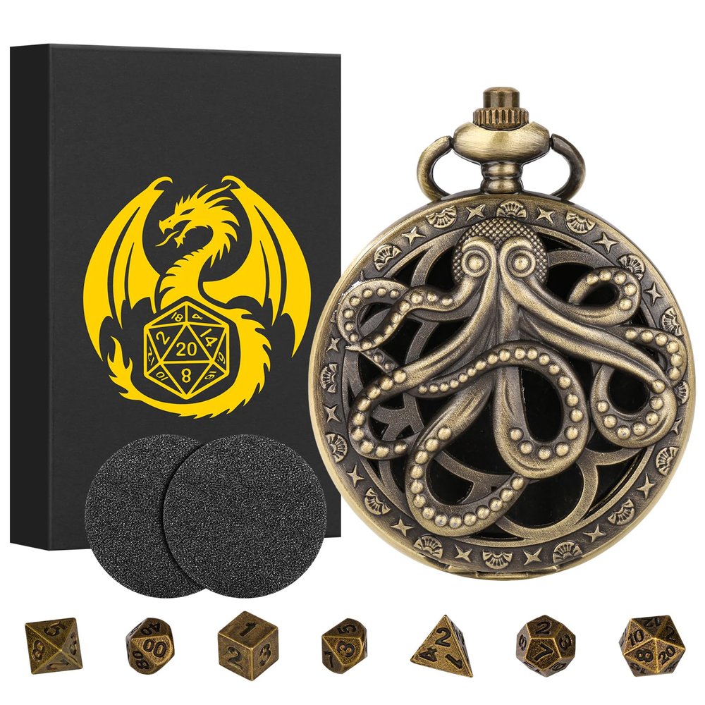 Mini DND Dice Set Steampunk Hollow Octopus Pocket Watch Shell Case, 7pcs Polyhedral Metal D&D Dice Set, DND Gifts with Gift Box for Player, Role Playing Board Games Accessories, Bronze