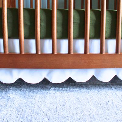 White Scalloped Crib Skirt Ruffle (One-Sided Add-On), Adjustable Linen Cotton Blend, Neutral Baby Bedding for Boys and Girls, Elegant Nursery Decor Skirt