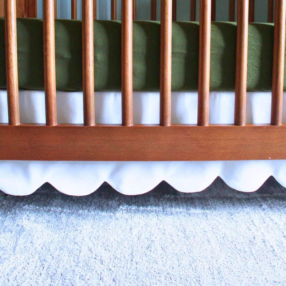 White Scalloped Crib Skirt Ruffle (One-Sided Add-On), Adjustable Linen Cotton Blend, Neutral Baby Bedding for Boys and Girls, Elegant Nursery Decor Skirt