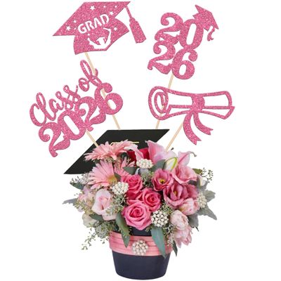 12 PCS Class of 2026 Grad Centerpiece Stick 2026 Congrats Grad Cake Toppers Diploma Graduation Cap 2026 Table Flower Centerpiece Sticks for 2026 Graduation Theme Party Decorations Supplies Pink