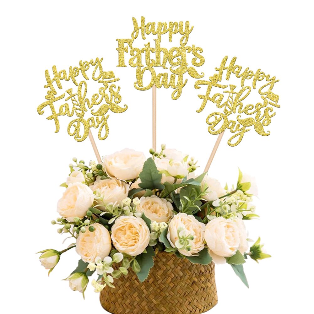 12 PCS Happy Father's Day Centerpiece Sticks Double Sided Glitter Moustache Tie Love Father Best Dad Centerpieces for Happy Father's Day Theme Table Flower Decorations Men Birthday Party Supplies Gold