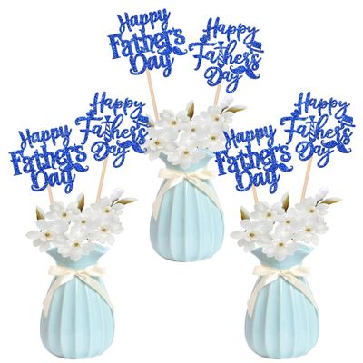 12 PCS Happy Father's Day Centerpiece Sticks Double Sided Glitter Moustache Tie Love Father Best Dad Centerpieces for Happy Father's Day Theme Table Flower Decorations Men Birthday Party Supplies Blue