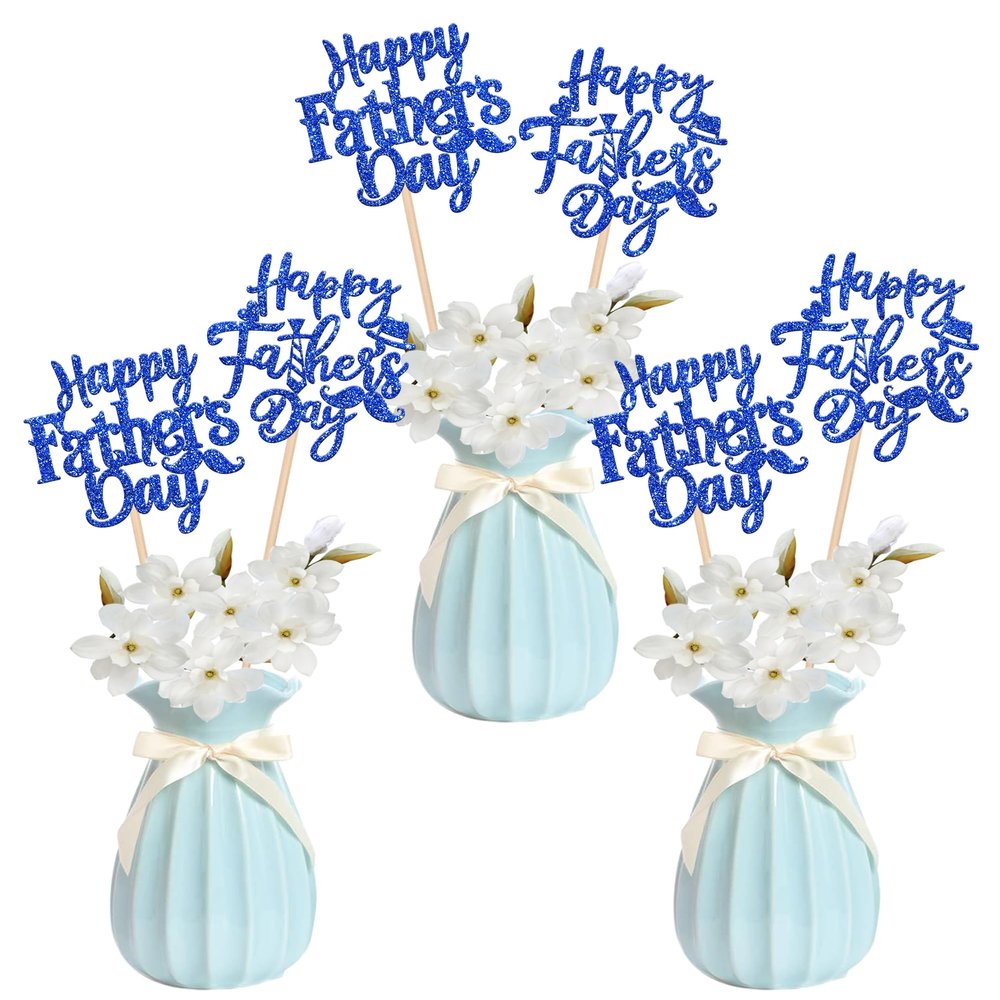 12 PCS Happy Father's Day Centerpiece Sticks Double Sided Glitter Moustache Tie Love Father Best Dad Centerpieces for Happy Father's Day Theme Table Flower Decorations Men Birthday Party Supplies Blue