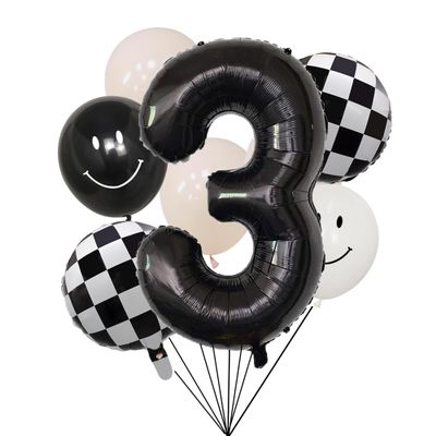 100% LIKED- 40 Black Three|Black & White Smiley Face Latex |Checkered Foil for Birthday Decorations, Smiley Face Party Deco, Baby Shower,3rd Birthday Party Supplies