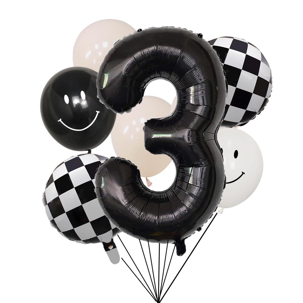 100% LIKED- 40 Black Three|Black & White Smiley Face Latex |Checkered Foil for Birthday Decorations, Smiley Face Party Deco, Baby Shower,3rd Birthday Party Supplies