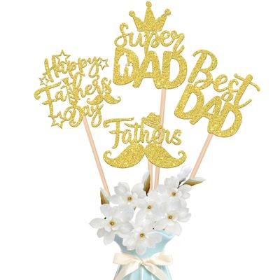 12 PCS Happy Father's Day Centerpiece Sticks Double Sided Glitter Moustache Hat Super Dad Best Dad Centerpieces for Happy Father's Day Theme Table Flower Decorations Men Birthday Party Supplies Gold