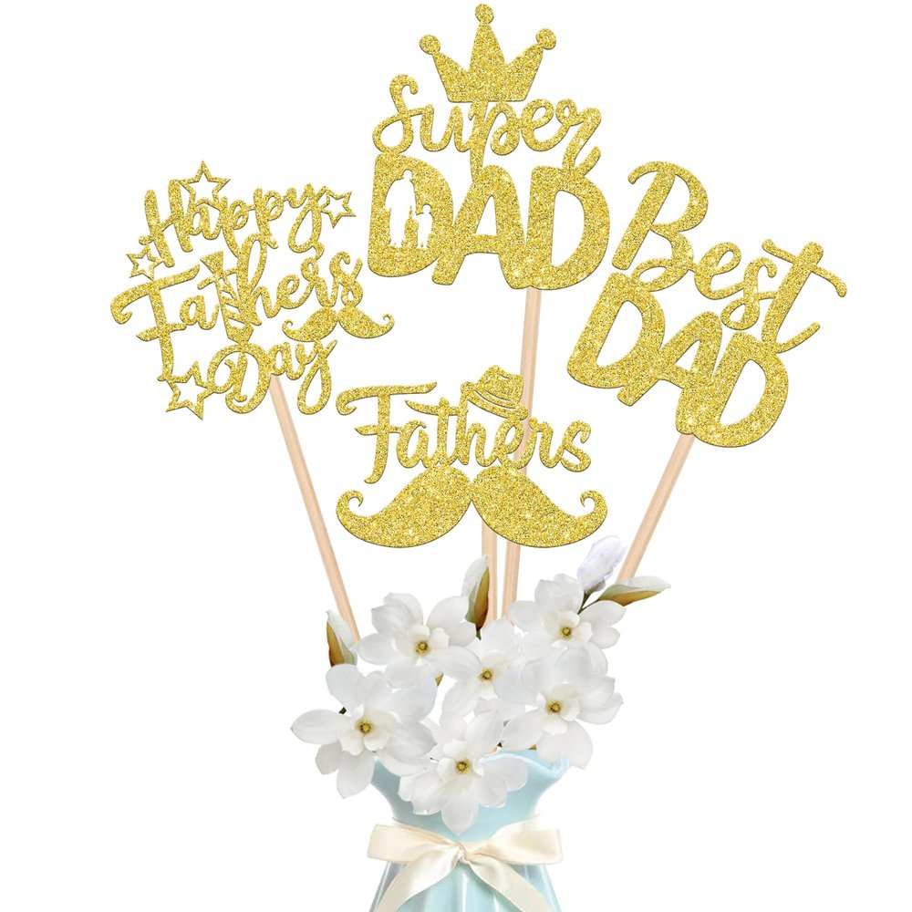12 PCS Happy Father's Day Centerpiece Sticks Double Sided Glitter Moustache Hat Super Dad Best Dad Centerpieces for Happy Father's Day Theme Table Flower Decorations Men Birthday Party Supplies Gold