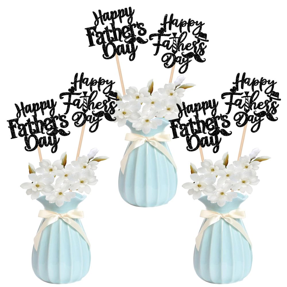 12 PCS Happy Father's Day Centerpiece Sticks Double Sided Glitter Moustache Tie Love Father Best Dad Centerpieces for Happy Father's Day Theme Table Flower Decorations Birthday Party Supplies Black
