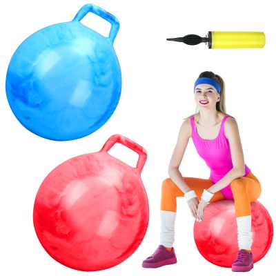 Poen 2 Pcs 29 Inch Hopper Bouncing Ball with Handle Jumping Bouncy Space Hopping Ball with Air Pump for Exercise (Marbled Red, Marbled Blue)