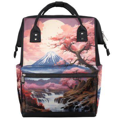 Skonsati Baby Diaper Bag Backpack Watercolor Mount Fujisan Cherry Blossom Large Tote Diaper Bag for Mom Nappy Bag Baby Essentials Travel Tote with Stroller Straps