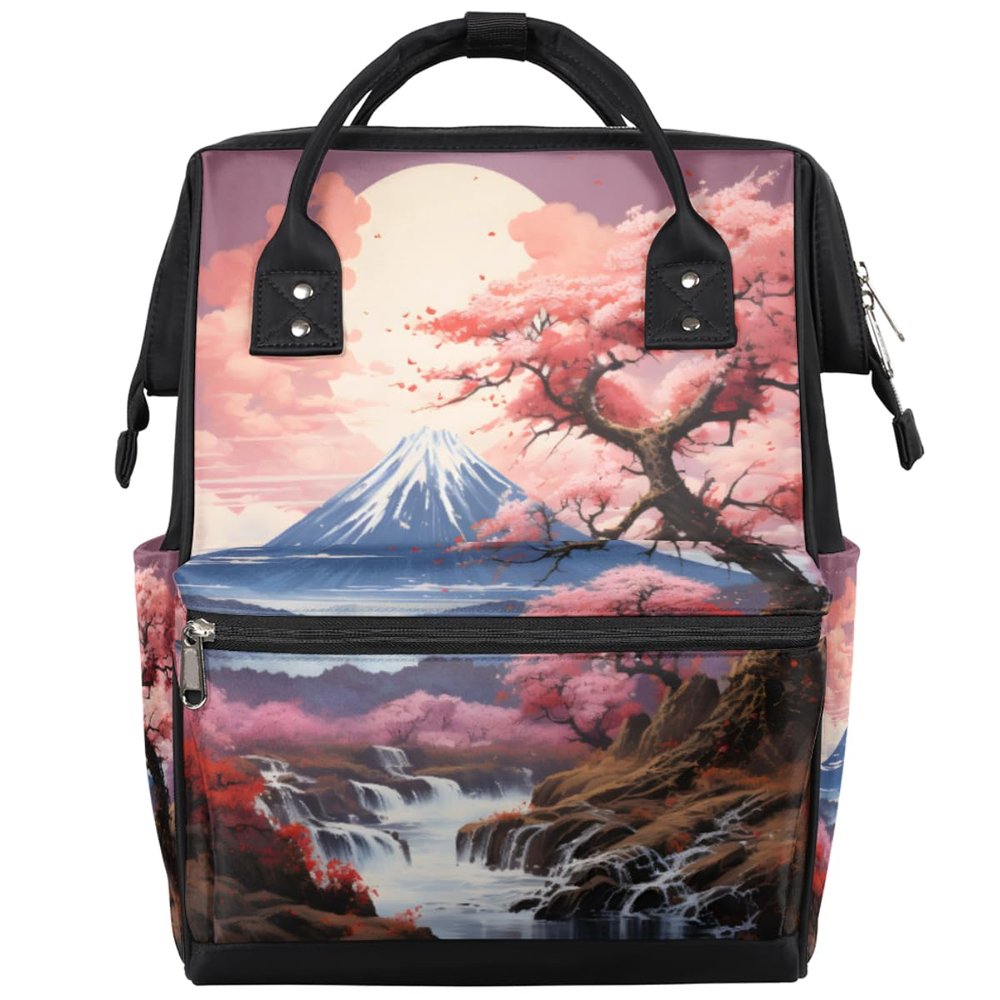 Skonsati Baby Diaper Bag Backpack Watercolor Mount Fujisan Cherry Blossom Large Tote Diaper Bag for Mom Nappy Bag Baby Essentials Travel Tote with Stroller Straps