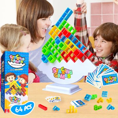 CLAPET 64 Pcs Tetra Tower Stacking Game, Fun Balance Building Blocks Board Games for Kids Adults Family Party, Toys Gifts for Boys Girls Ages 3-12