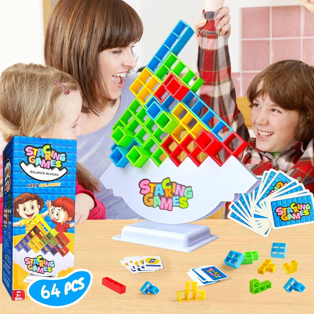 CLAPET 64 Pcs Tetra Tower Stacking Game, Fun Balance Building Blocks Board Games for Kids Adults Family Party, Toys Gifts for Boys Girls Ages 3-12