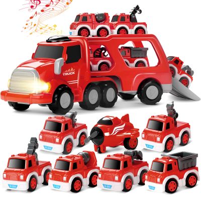 MindPal Fire Truck Toy for 3 4 5 6 7 Years Old Toddler Boys, 8-in-1 Fire Car Carrier Vehicle Set for Boys Age 3-5, Transport Car with Light & Sound, Kids Toys Cars Set for Birthday
