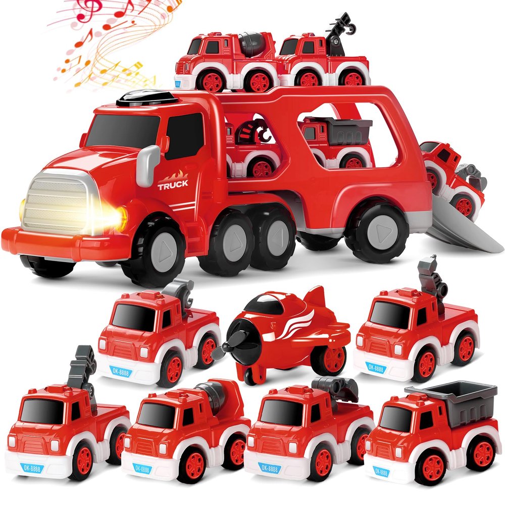 MindPal Fire Truck Toy for 3 4 5 6 7 Years Old Toddler Boys, 8-in-1 Fire Car Carrier Vehicle Set for Boys Age 3-5, Transport Car with Light & Sound, Kids Toys Cars Set for Birthday