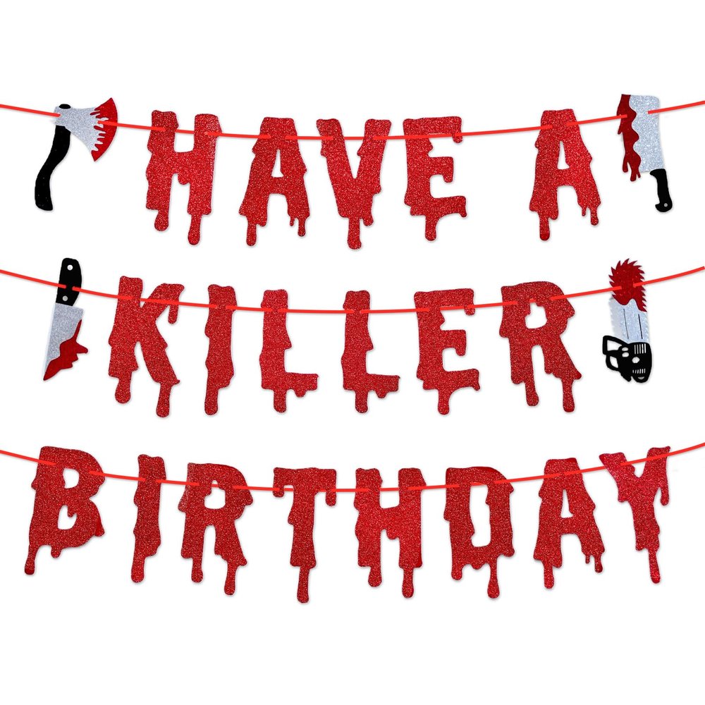 Red Glitter Have a Killer Birthday Banner - Pre-Strung Halloween Hanging Paper Garland Bunting Banner Bloody Decorations, Photo Backdrop for Wall Home Mantel Office Wall Scary Party Supplies