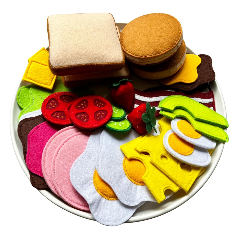 Large Breakfast Set with Bread and Pancake - Handmade Educational Montessori Kitchen Toys for Toddlers Ages 3-6 and Older Children - Pretend Cooking Dramatic Play
