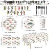 170PCS Fishing Birthday Party Decorations Gone Fishing Party Decorations Include Plates, Cups, Cutlery, Banner, Tablecloth for Ofishally One Birthday Decorations view 2