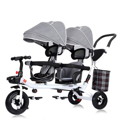 Kids Tricycle - 4 in 1 Double Seat Children'S Tricycle, Toddler Pushchair, Detachable Canopy, Folding Pedals, Reversible Seat, Removable Guardrail, Suitable for 1 to 6 Years Old Children,Gray