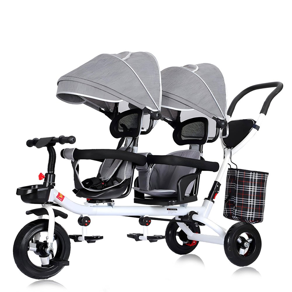 Kids Tricycle - 4 in 1 Double Seat Children'S Tricycle, Toddler Pushchair, Detachable Canopy, Folding Pedals, Reversible Seat, Removable Guardrail, Suitable for 1 to 6 Years Old Children,Gray