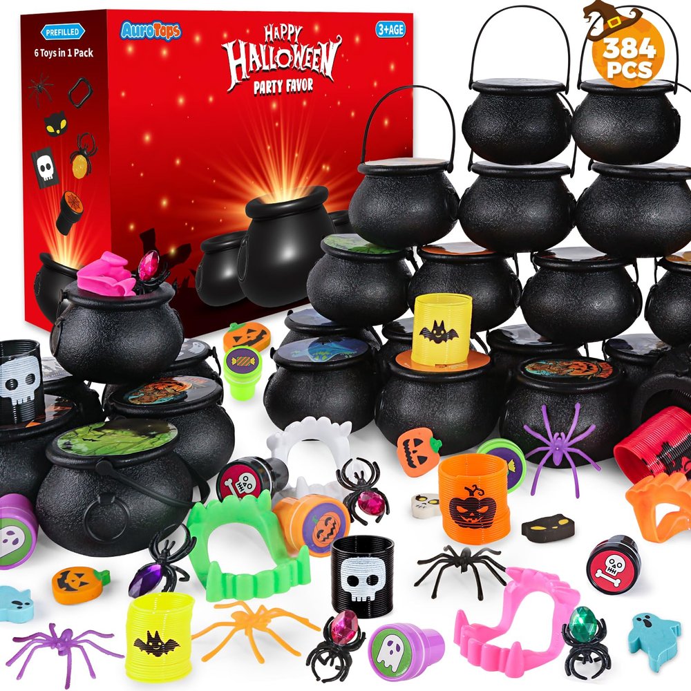 Halloween Party Favor for Kids, 48 Pack Prefilled Small Plastic Witch Cauldron Halloween Miniatures Novelty Toy in Bulk, Halloween Trick or Treat Toys Prizes Rewards Gifts Miniatures for Kids