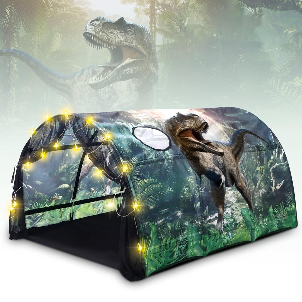 Wowangce Dinosaur Bed Tent for Kids Large Kids Twin Tent Toddler Play Bed with Carry Bag Foldable with String Lights for Girls Boys Bedroom Indoor Games