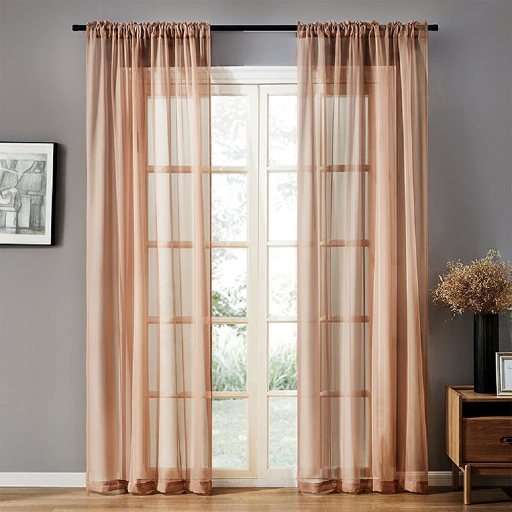 HooHero Brown High Grade Elegant Sheer Curtains Living Kids Baby Room Home Decoration Voile Gauze Curtain Rod Pockets Panel Drape