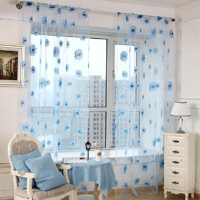 HooHero Blue Sunflower Pattern Countryside Elegant Sheer Curtains Living Kids Baby Room Home Decoration Voile Gauze Curtain