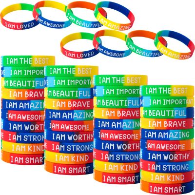 60 Pcs Inspirational Wristbands for Students Self-Affirmation Phrase Bracelet Motivational Quotes Rubber Bracelets Back to School Gift for Students Kids