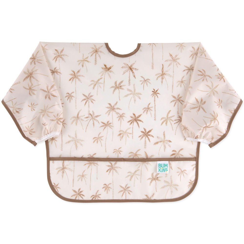 Bumkins Sleeved Bib for Girl or Boy, Baby and Toddler for 6-24 Mos, Essential Must Have for Eating, Feeding, Baby Led Weaning Supplies, Long Sleeve Mess Saving Food Catcher, Soft Fabric, Palm Trees